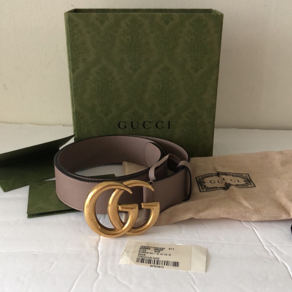 Gucci Authentic Double G  Leather Belt Moon Porcelain Rose 85/34, 1.5" wide - Picture 11 of 13